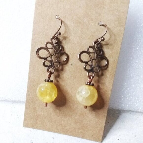 Chunky Yellow DragonVein Agate & Copper Filigree Earrings! Big + Bold + Spicy! - Picture 7 of 7